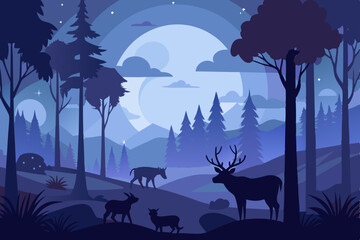forest clearing with wild animals at twilight  .svg