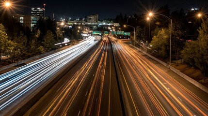 Fototapeta premium Dynamic nighttime traffic flow on urban highway cityscape photography vibrant aerial view motion