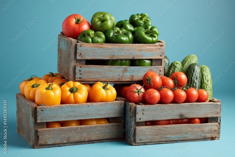 Poster freshly harvested vegetables in rustic wooden crates against a blue backdrop showcasing various colo