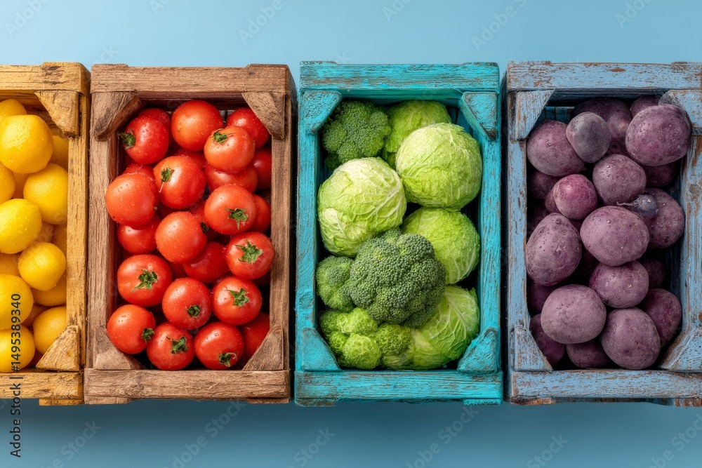 Poster Colorful array of fresh vegetables in wooden crates on a light blue background