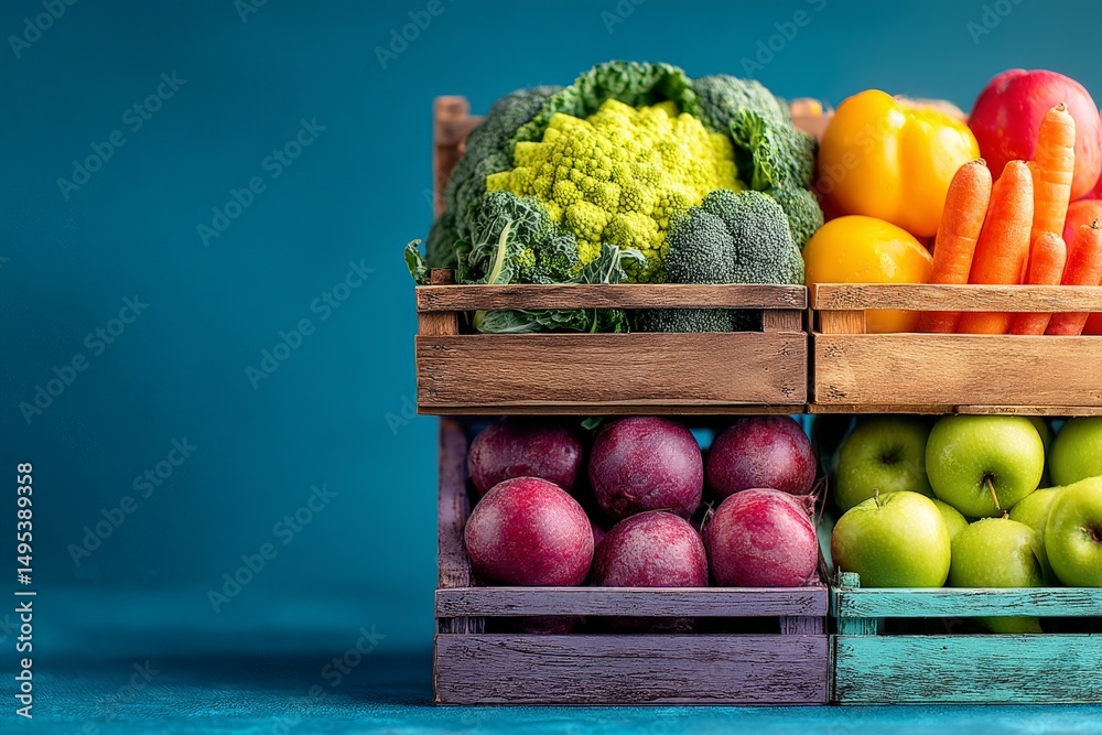 Poster fresh assortment of colorful fruits and vegetables arranged in wooden crates on a blue background