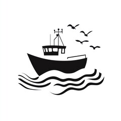Fishing boat at sea, birds flying, ocean waves, nautical illustration, design element