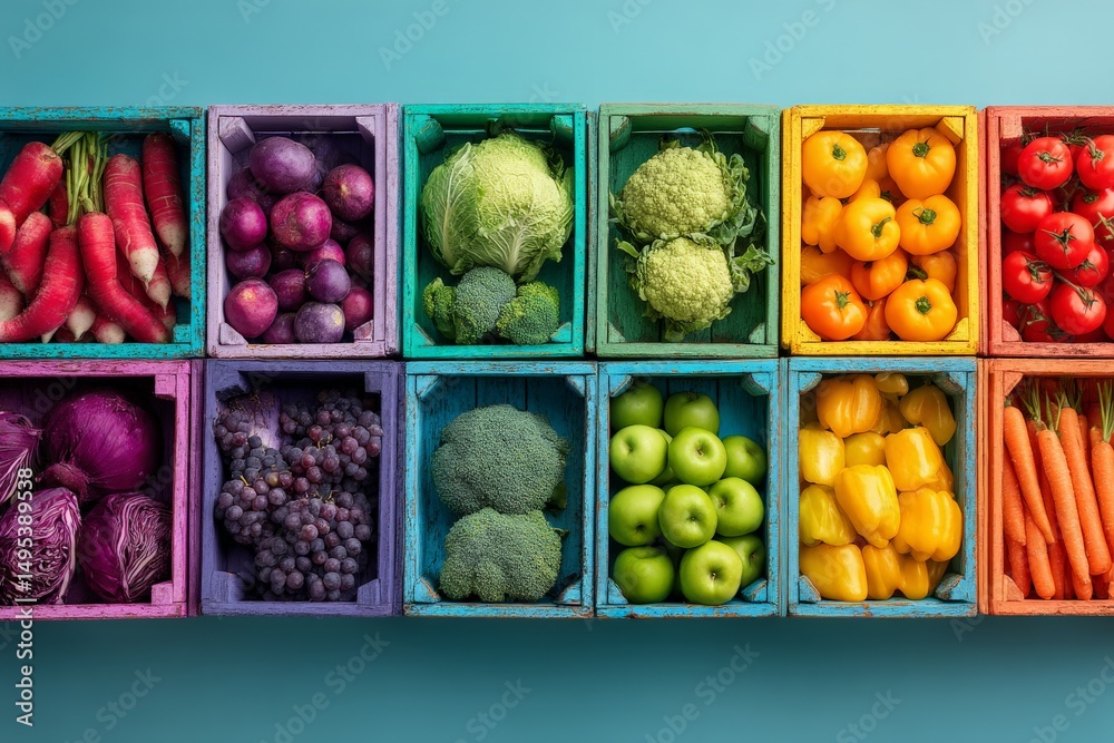 Poster colorful display of fresh vegetables and fruits in wooden crates at a local market in the afternoon