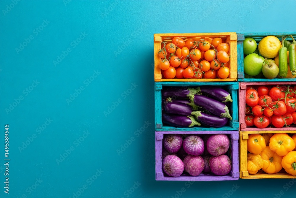 Aufkleber Brightly colored crates of fresh vegetables and fruits arranged on a teal backdrop for a vibrant display