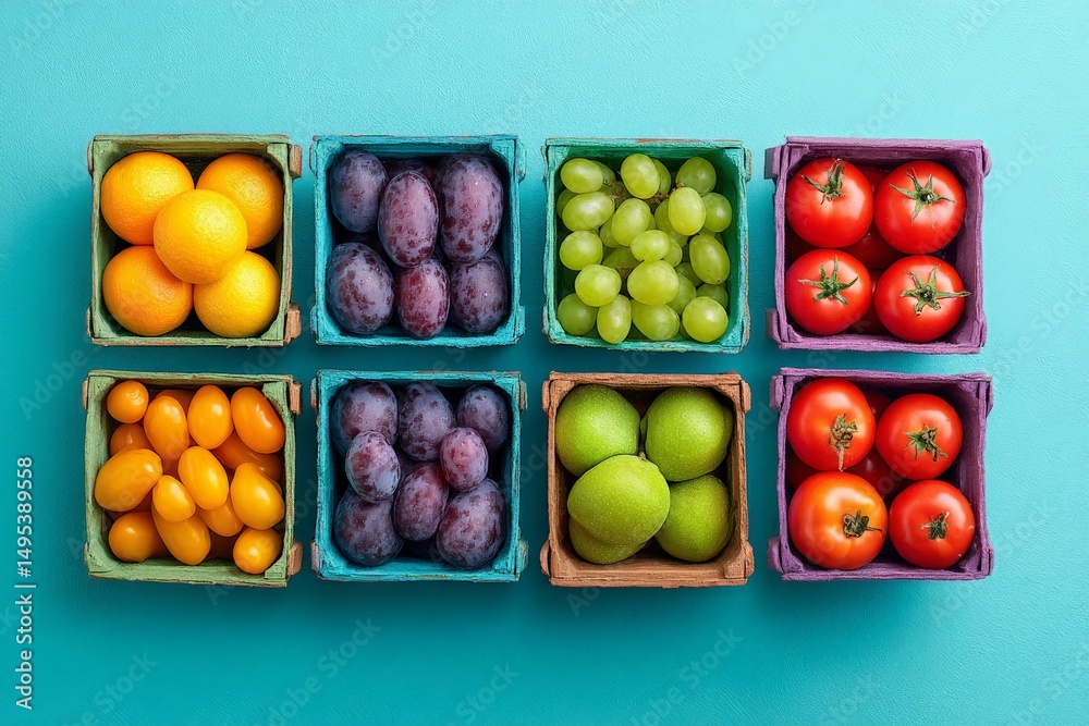 Poster fresh fruit assortment displayed in colorful containers on a vibrant turquoise background