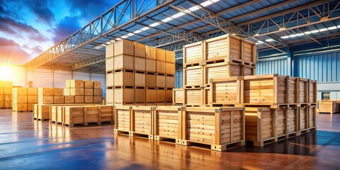 Wooden crates with open boxes on a dock, warehouses, docks