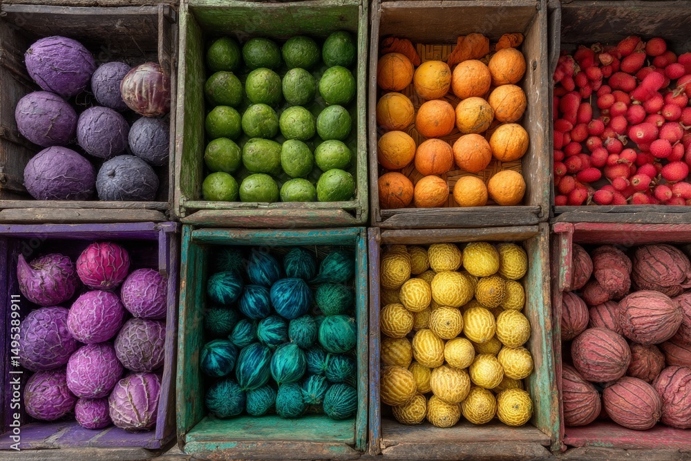 Poster colorful display of fresh fruits and vegetables in wooden crates at a local market during the daytim