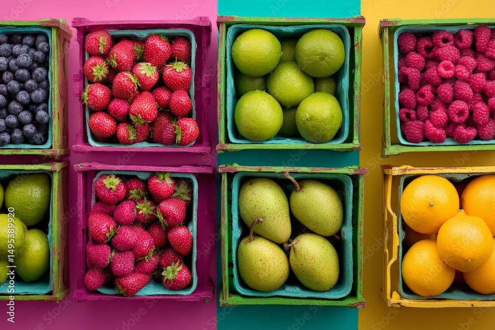 Poster fresh seasonal fruits displayed in colorful crates on a vibrant background at a local farmers market