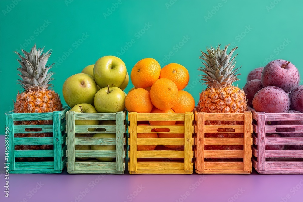 Poster colorful fruit display in wooden crates on a vibrant backdrop at midday