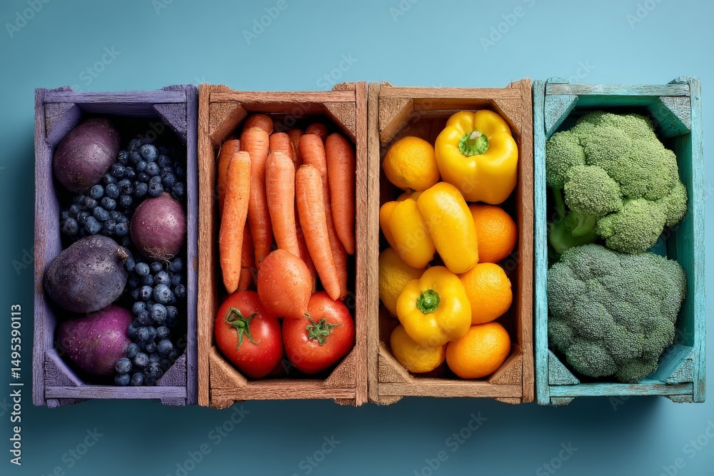 Poster fresh produce displayed in colorful wooden crates showcasing an assortment of fruits and vegetables 