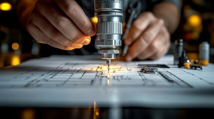 Hands expertly use a drill on detailed architectural blueprints