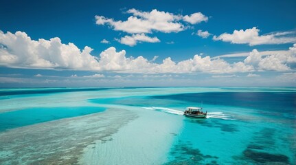 Obraz premium Tropical Atoll Aerial: Drone Photo, Lone Boat & Turquoise Ocean