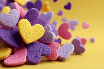 Fototapeta premium Colorful heart-shaped sponges scattered on a yellow background create a cheerful atmosphere for celebrations and events