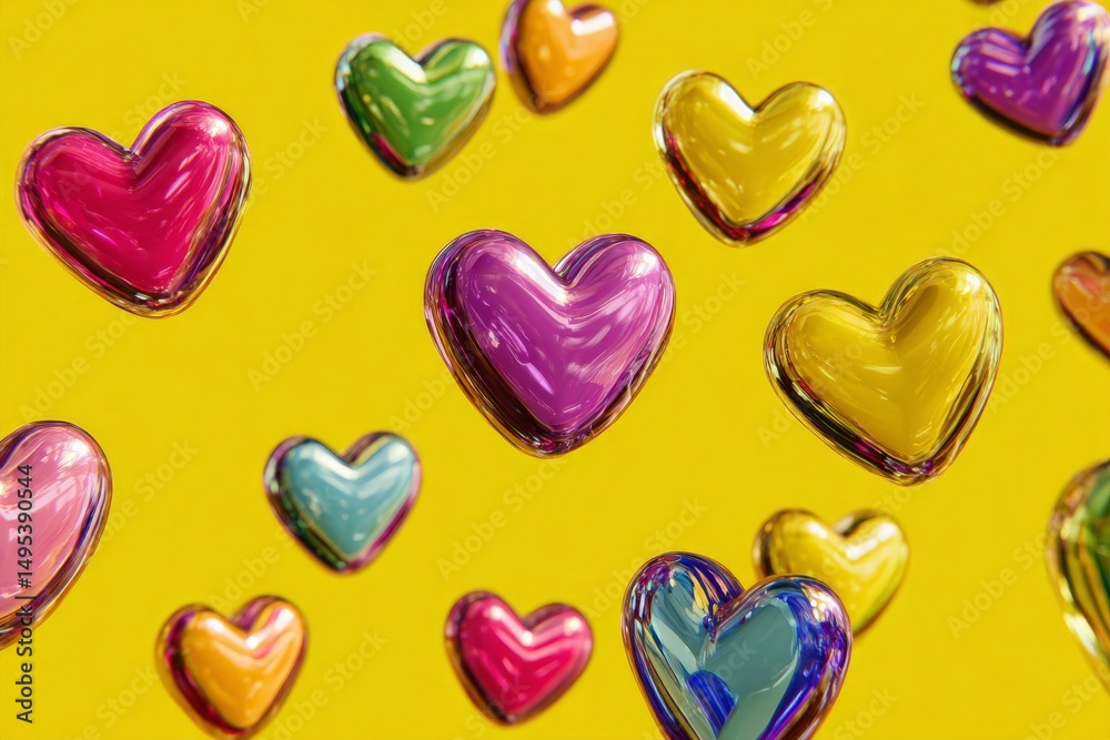 Poster colorful hearts floating against a bright yellow background create a vibrant and cheerful atmosphere