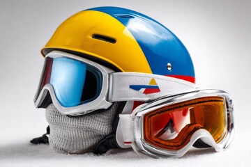Colorful snow sports helmet and goggles prepared for winter activities on a snowy background