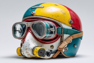 Fototapeta premium Colorful vintage helmet with goggles designed for racing, showcasing wear and history from past competitions