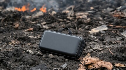 Black Storage Case on Charred Ground Surrounded by Smoldering Ashes and Flames