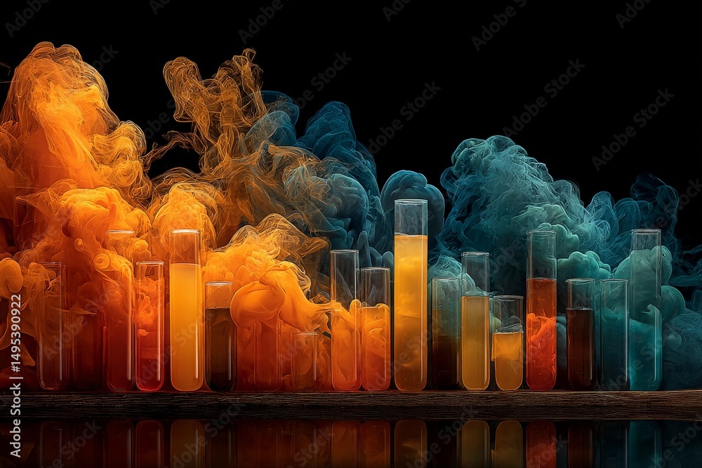 Poster colorful smoke wafts over test tubes filled with vibrant liquids at a science experiment in a dark e
