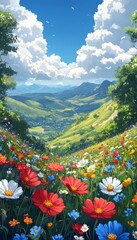 Fototapeta premium Mountain Valley Flower Field; Scenic View; Peaceful Landscape; Background Forest; Use Stock Photo
