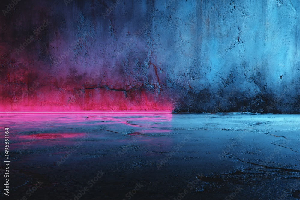 Aufkleber colorful neon lights illuminate a textured wall with a reflective surface in a dim environment at ni