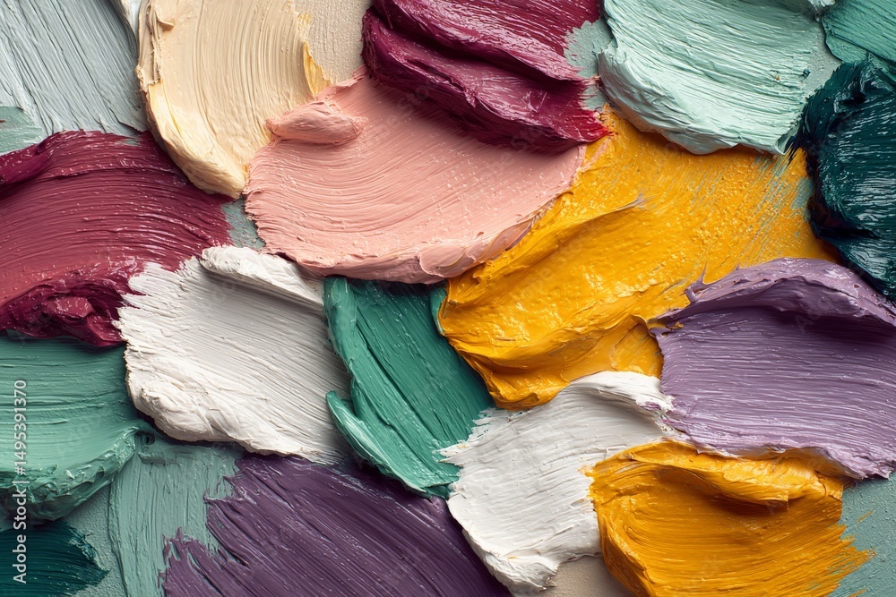 Poster colorful mixture of oil paint on canvas showcases vibrant artistic textures and patterns created by 