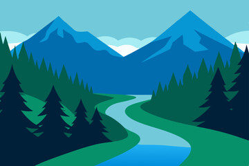 mountain river flowing through a dense evergreen