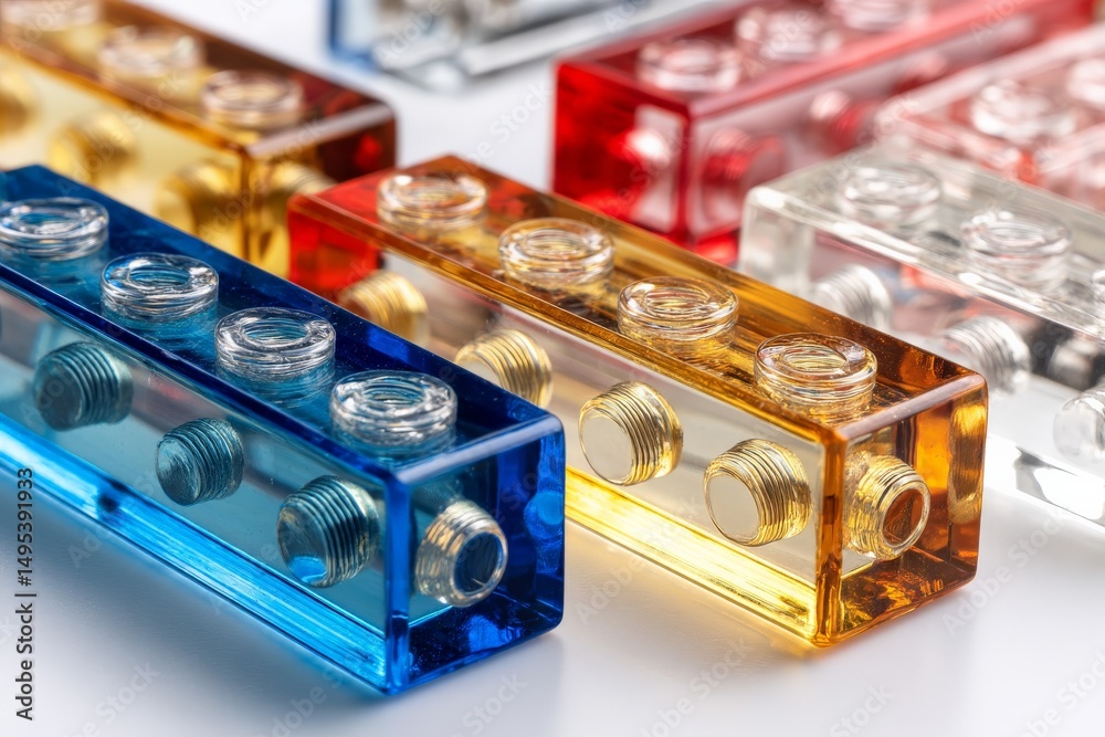 Poster Colorful transparent building blocks arranged on a surface showcasing creativity and design possibilities