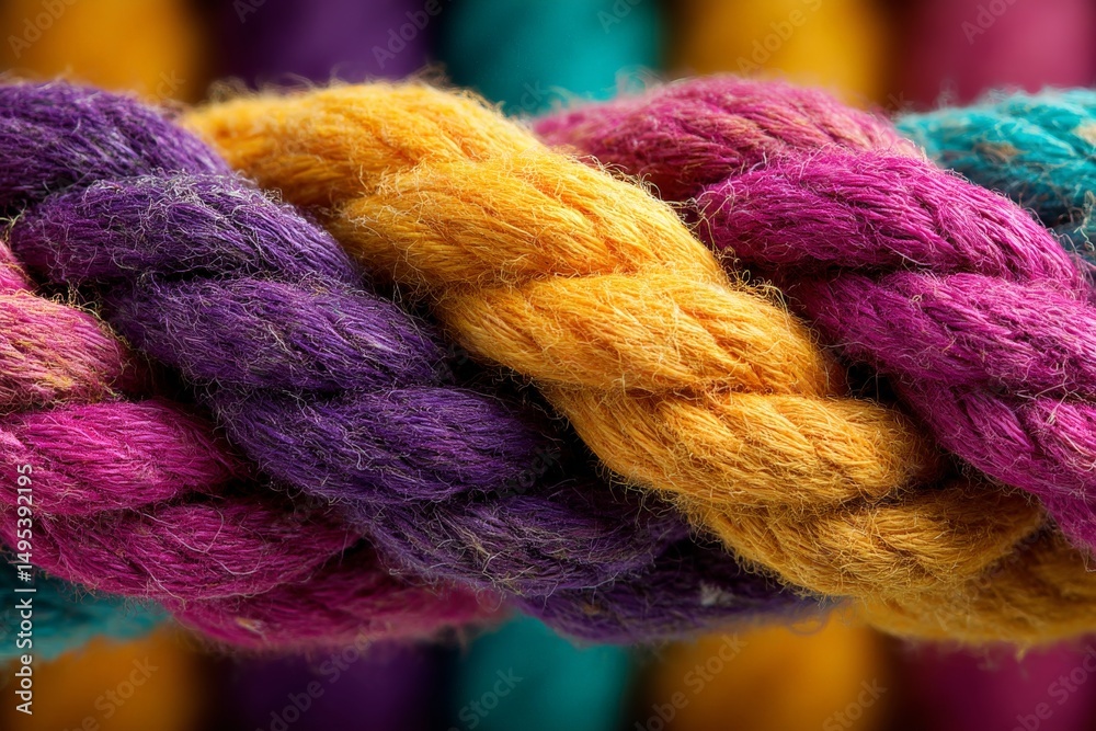Poster colorful ropes made of natural fibers intertwined for decorative and functional uses in a textile wo