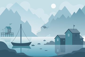 peaceful fishing village on a foggy morning 