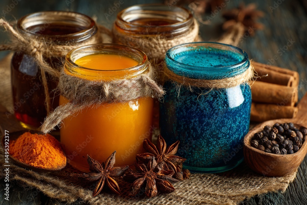 Poster Colorful jars filled with spices and syrups on a rustic wooden table create a vibrant display of flavors and aromas