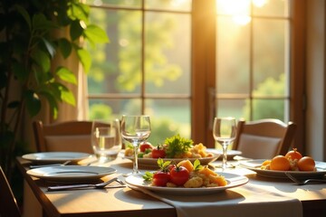 Fototapeta premium Sunlight illuminating a beautifully set table with food , rich, sumptuous