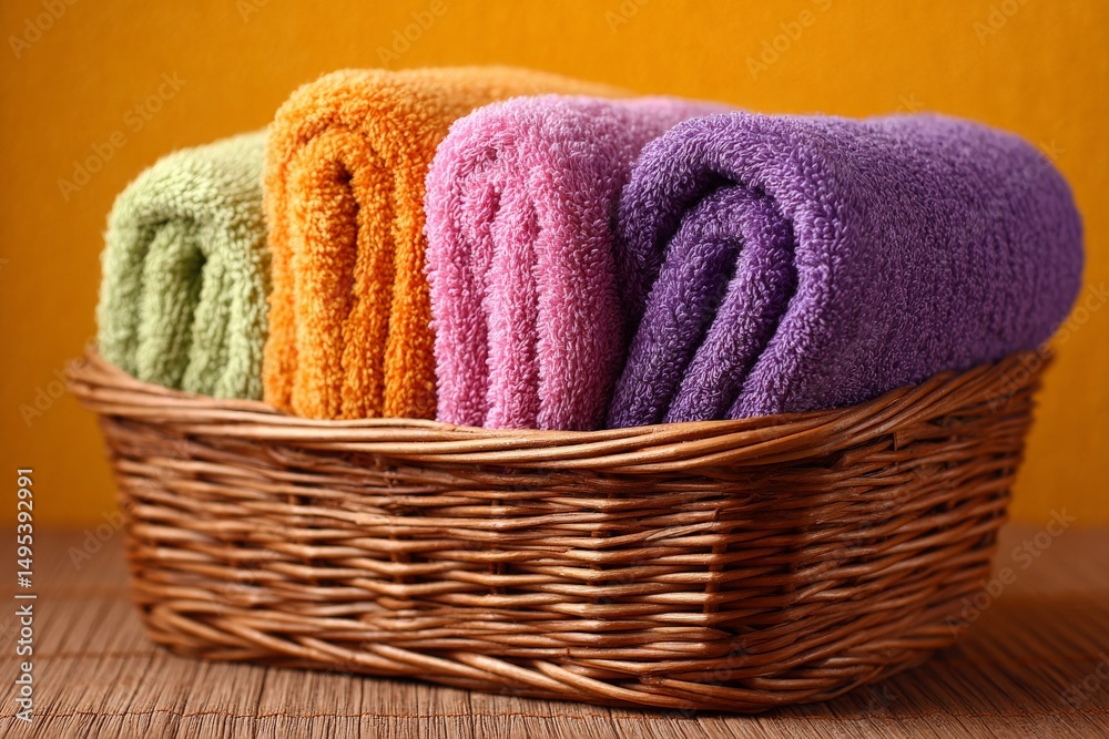 Poster brightly colored towels neatly arranged in a woven basket against a vibrant background in a cozy set