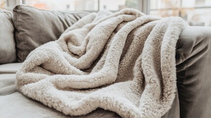 Cozy plush blanket draped on a sofa armrest