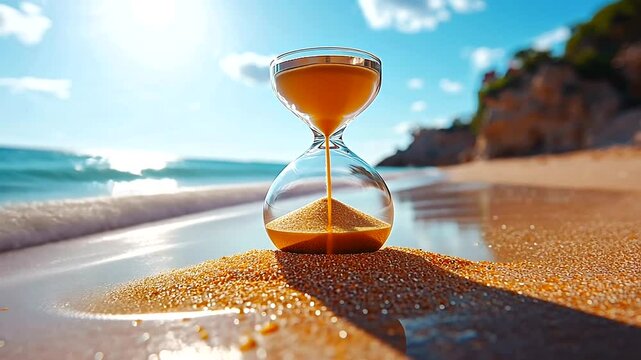 Sand Timer on Beach with Blurry Ocean Background