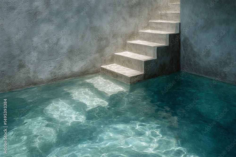 Aufkleber steps leading down into serene turquoise water in modern architectural space during daylight hours