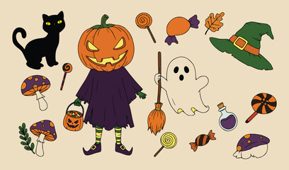 Fototapeta premium Halloween cartoon illustration set with colorful pumpkin scarecrow, friendly ghost, black cat, and festive candies for decoration