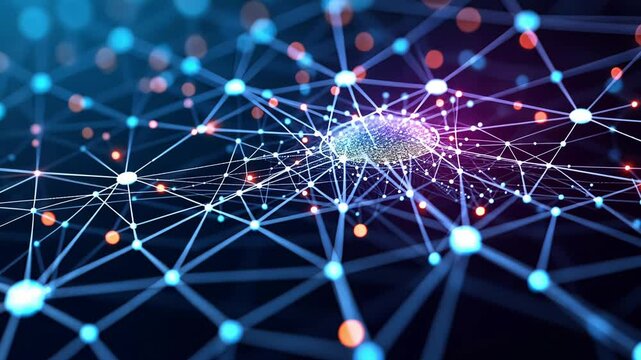 This illustration features an abstract network with glowing nodes and patterns