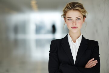 Young professional woman poses confidently in modern office space, showcasing her elegance and determination