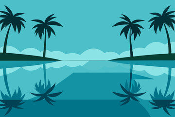Fototapeta na wymiar still lagoon with overhanging palms and clear 