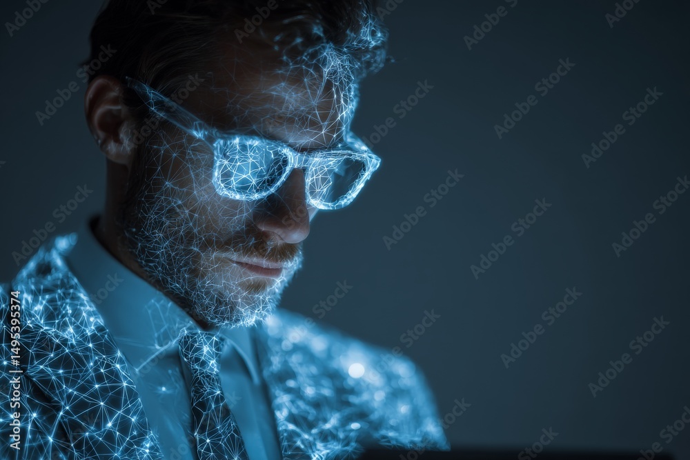 Aufkleber Man in futuristic suit with glowing cosmic patterns working on a laptop in a dimly lit environment