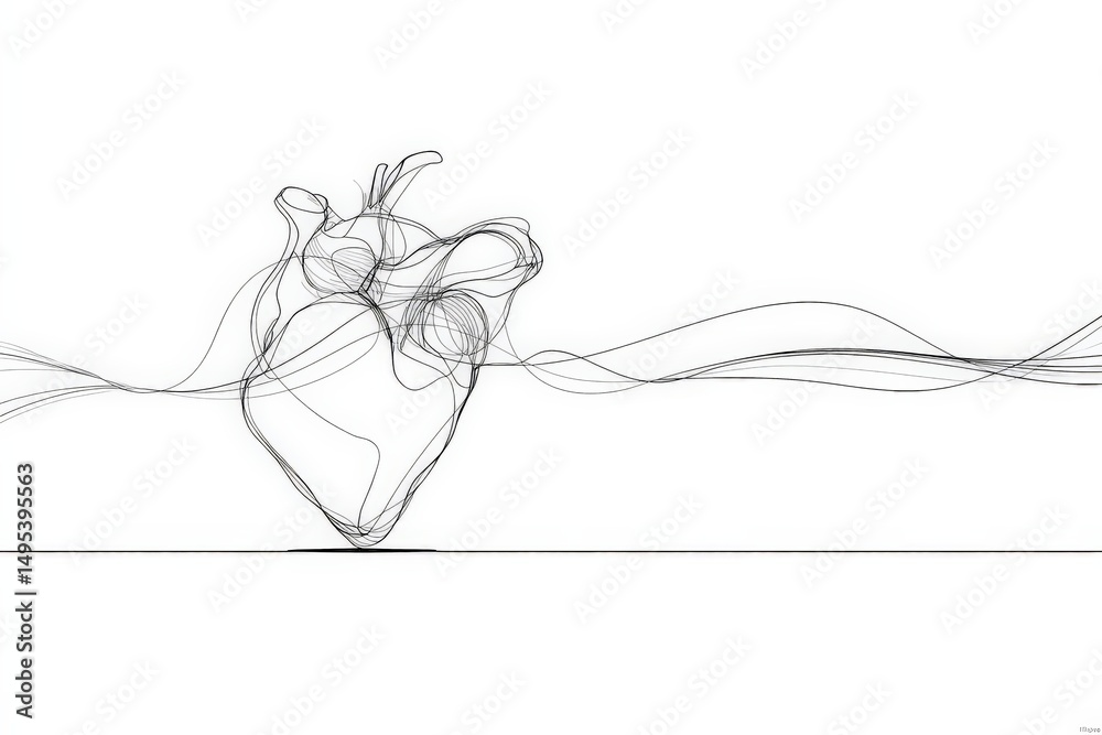 Poster Line art representation of a heart with flowing lines symbolizing life and emotion