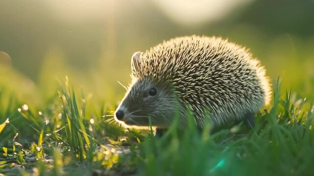 Cute young wild brown hedgehog in the green grass with prickly bristles and spiny needles
