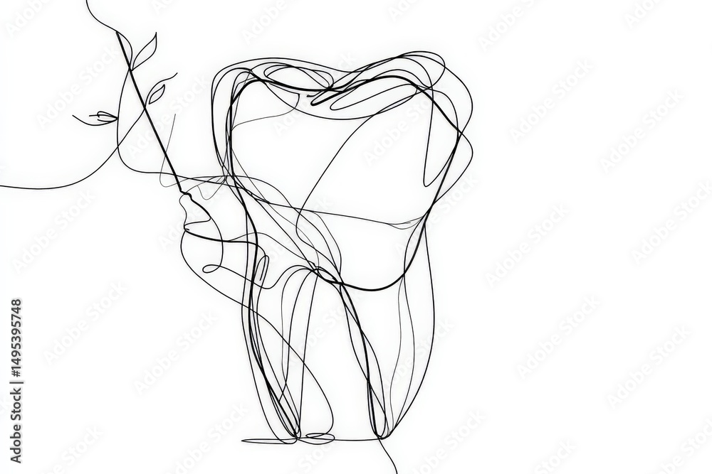 Poster abstract line art depicting a tooth intertwined with a plant in minimalist style