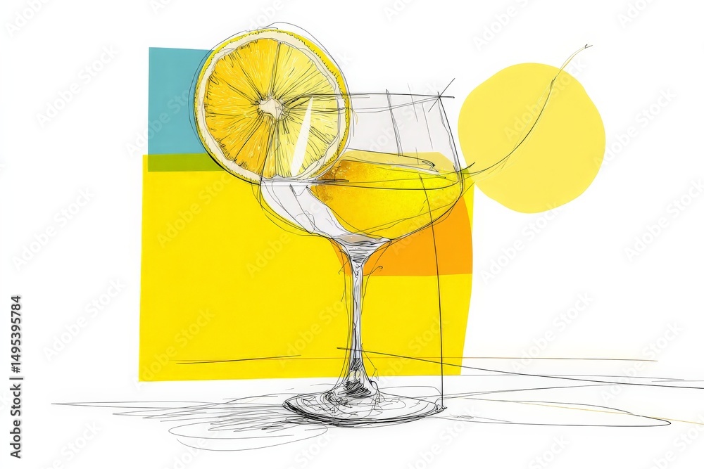Aufkleber refreshing cocktail served in a stylish glass with lemon garnish against abstract colorful backgroun