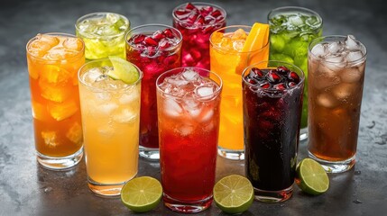 variety of iced fruit beverages, featuring flavors like pomegranate, lime, and orange, arranged in clear glasses with ice on a muted grey backdrop.