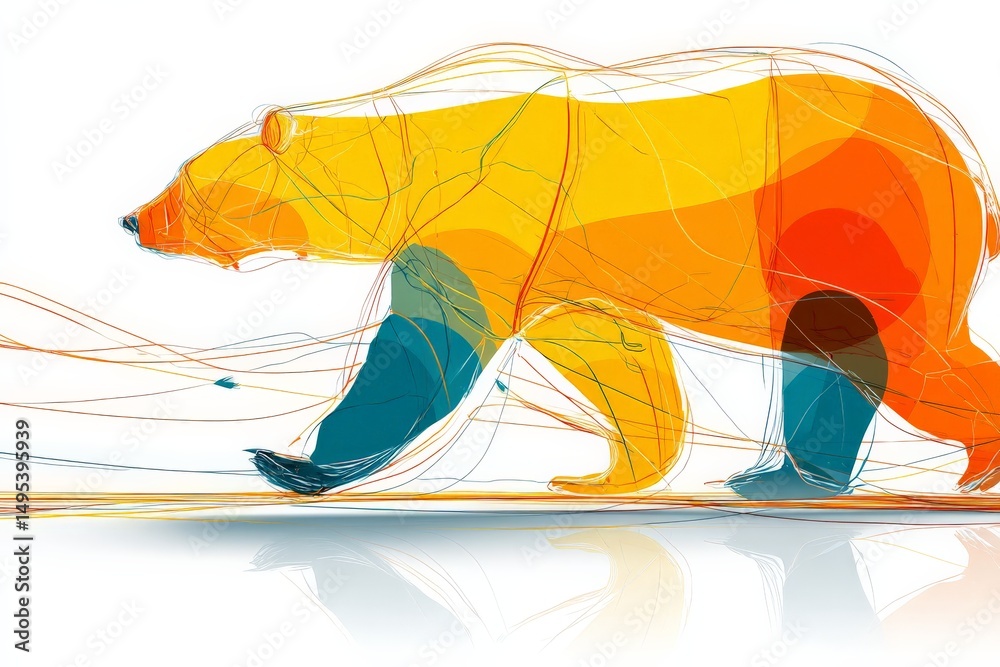 Poster brightly colored abstract bear illustration showcasing dynamic motion through vibrant lines