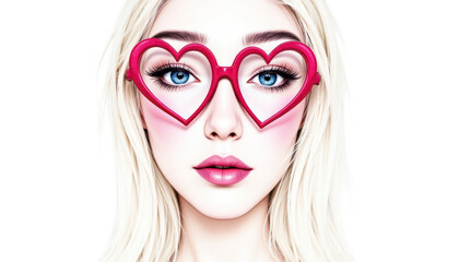 Fototapeta premium Closeup portrait of a woman with chic heartshaped glasses, fashionable eyewear statement