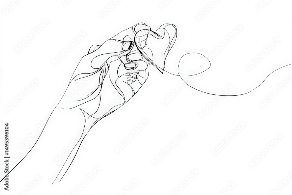 Poster Elegant hand threading a needle with fine line art in minimalist style