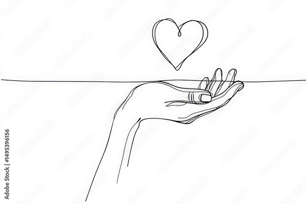 Poster hand reaching out with a heart above in a minimalist line drawing style