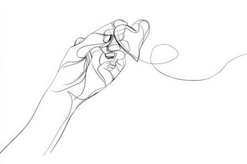 Elegant hand threading a needle with fine line art in minimalist style